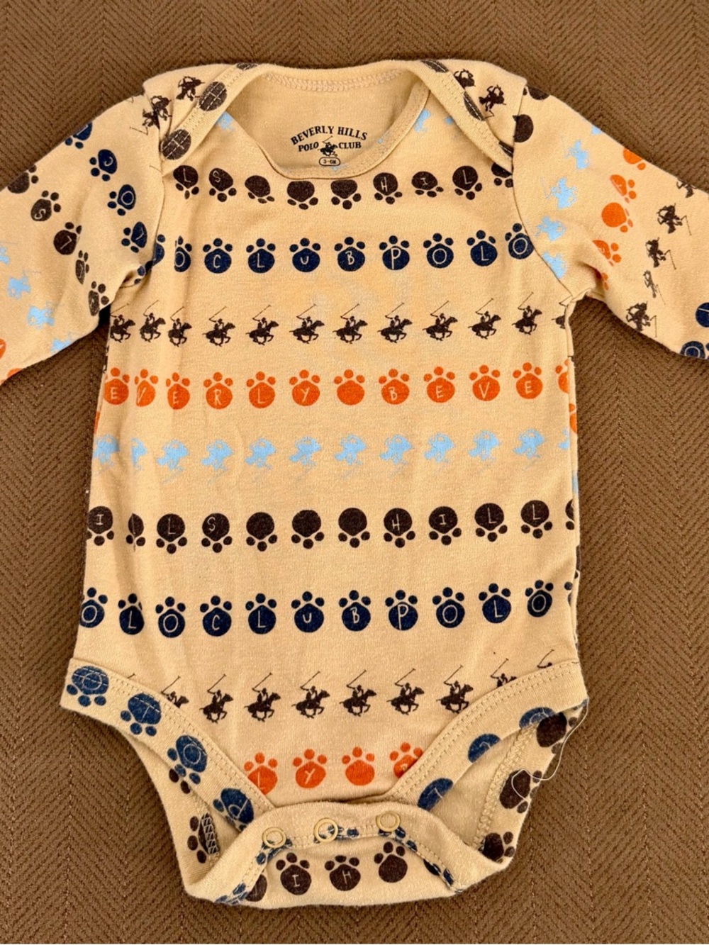 3-6m Beverly Hills Polo Club Beige One-Piece with Navy, Brown & Orange Prints